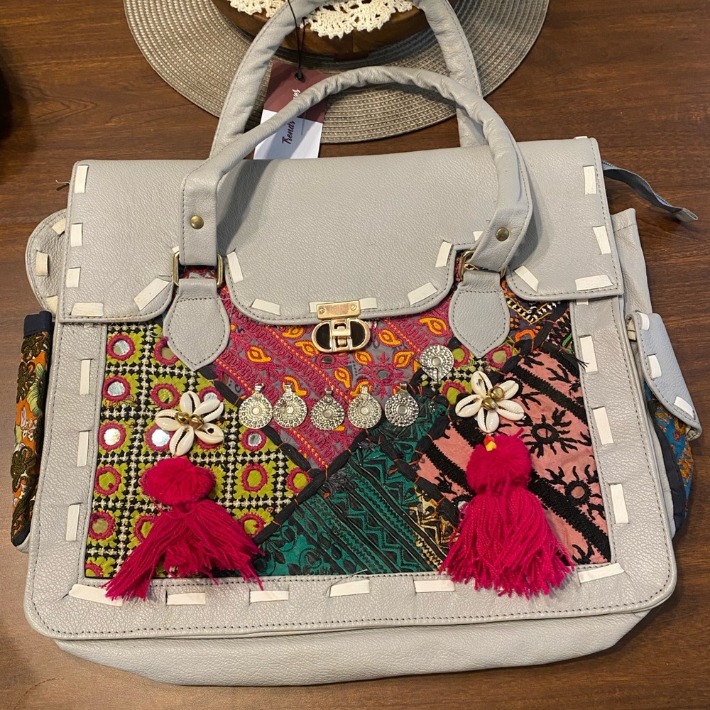 Handmade Leather Bag: Embroidered Patchwork, Shells & Coins Tote Bag